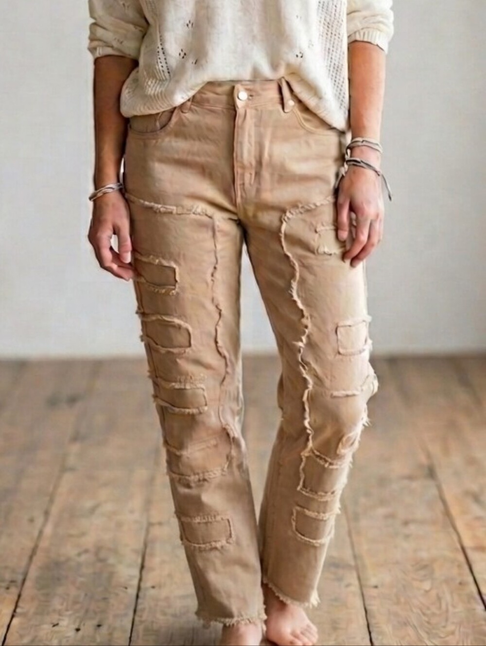 100% Cotton Neutral Raw Hem Textured Patchwork Jeans Waist Size 34
